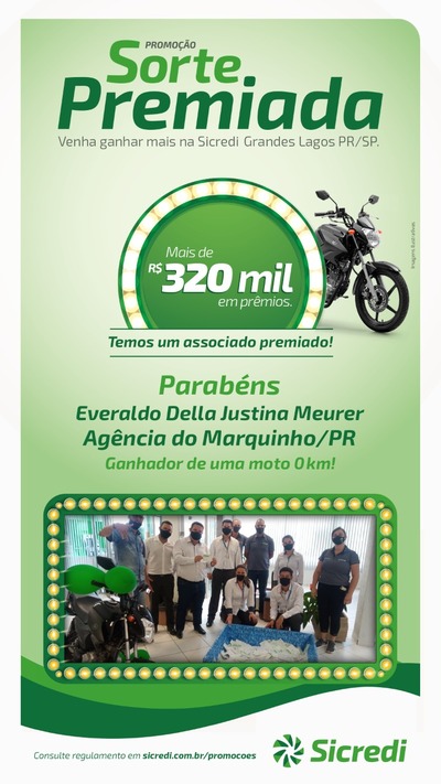 Segunda Moto sorteada pelo Sicredi Grandes Lagos PR/SP  vai para o municÃ­pio Marquinho 